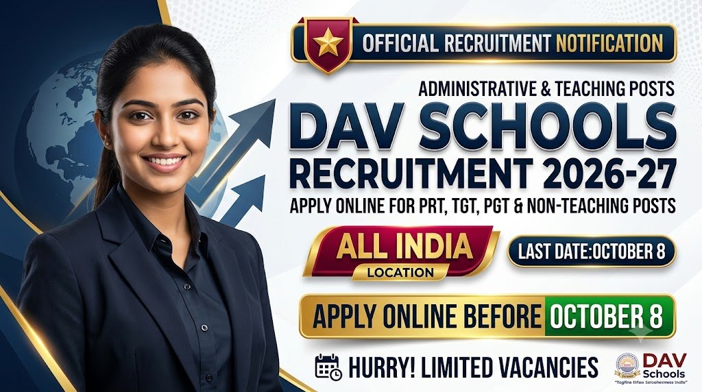 DAV Schools Recruitment 2026-27: Apply Online for PRT, TGT, PGT & Non-Teaching Posts Before October 8