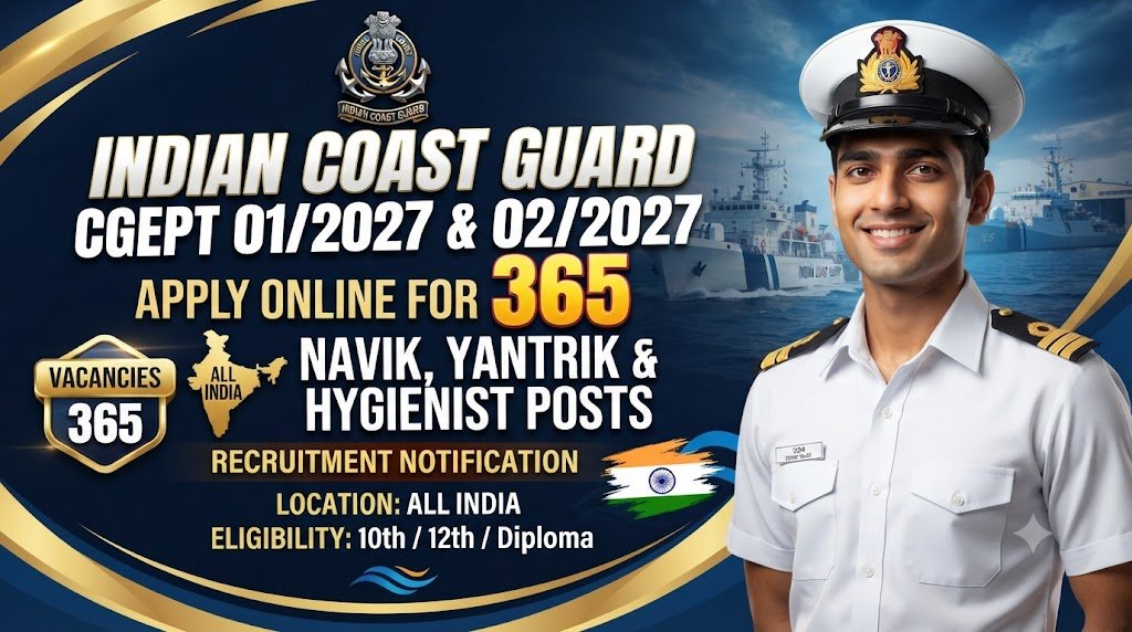 Indian Coast Guard CGEPT 01/2027 & 02/2027: Apply Online for 365 Navik, Yantrik & Hygienist Posts