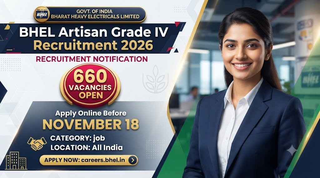 BHEL Artisan Grade IV Recruitment 2026: 660 Vacancies Open, Apply Online Before November 18