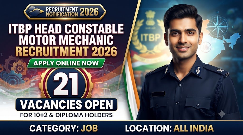 ITBP Head Constable Motor Mechanic Recruitment 2026: 21 Vacancies Open for 10+2 & Diploma Holders