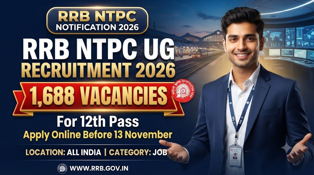 RRB NTPC UG Recruitment 2026: 1,688 Vacancies for 12th Pass, Apply Online Before 13 November
